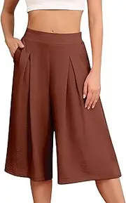 [Generic] Women's Wide Leg Capri Pants with Pockets Lightweight High Waisted Loose Trouser Summer Dress Pants for Women