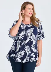 [TS] Taking Shape Salsa Ruffle Luna Top Size 20 in Navy Palm Print - Plus Size Women's Clothing Navy Palm Print