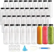 JELITY 250ml Plastic Juice Bottles with Caps, 50 Pack Reusable Round Juice Containers with Labels, Bulk Clear Empty Juicing Bottles for Cold Water Smoothie Milk Beverages, Freezer Safe