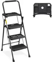 HBTower 3 Step Ladder with Tool Tray, Folding 3 Black