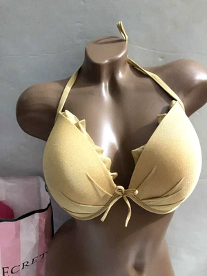 Victoria's Secret Push-up Halter Ruffle Bikini Swim Top Shiny Gold NWT