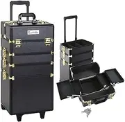 Embellir Makeup Case, Aluminium Lockable Beauty Cases Suitcase Make Up Large Organisers Storage Toiletry Cosmetic Box Travel Indoor Outdoor Accessories, 7 in 1 Separable Portable Black