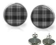 Gray Plaid Print Glass Top Stud Earrings In 2 Sizes Handmade