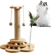 Sisal Cat Scratching Post - Pet Tree with Scratcher Base, Vertical Climbing Tower | 4-in1 Cat Toy with Turntable, Dangle Ball Pole, Interactive Perch Fixture for Indoor Feline Exercise and Play