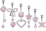 [ViEinkaufen] 6Pcs Belly Button Bars Stainless Steel Belly Piercing Pink Cubic Zirconia Belly Rings 14G Navel Belly Jewellery Heart Bow Butterfly Dangle, ONE SIZE, Stainless Steel, No Gemstone