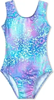 [Domusgo] Girls Gymnastics Leotards with Shorts Size 8 Years Old Green Purple Leopard One Piece Shiny Atheltic Activewear, Green Purple Leopard Sleeveless, 8 Years
