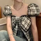 Sophisticated Women's Casual Top with Short Puff Sleeves and Plaid Print