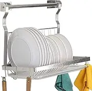 TQVAI Stainless Steel Dish Drying Rack with Drainboard Hanging Rod and Sponge Holder, Hanging Dish Drainer, Over The Sink Dish Rack - Silver