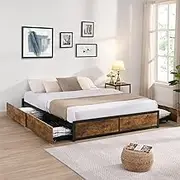 Levede Metal Queen Bed Frame with 4 Storage Drawers, Industrial Brown Mattress Base Platform, Mattress Foundation, Strong Metal Slat Support, Bedroom Furniture, Easy Assembly, 300kg Weight Capacity