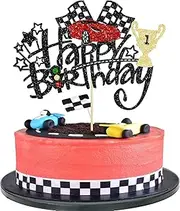 Race Car Happy Birthday Cake Topper - Glittery Decoration for Racing Fans with Checkered Flag, Trophy, Race Car Designs - Exciting Party Accessory for Cake