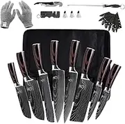 FULLHI Knife Set, 14pcs Japanese Knife Set, Multiple Colour Ergonomic Handle Premium German Stainless Steel Kitchen Knife Set with Roll Bag