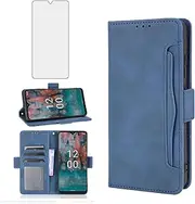 [Asuwish] Compatible with Nokia C12 Wallet Case and Tempered Glass Screen Protector Card Holder Stand Leather Flip Cell Accessories Phone Cover for nokiaC21 Women Men Blue