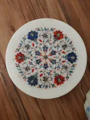 11" Marquetry dish Marble plate decorative inlay malachite lapis home deocr p69