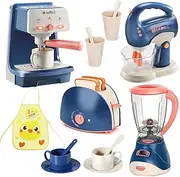 Blue Kids Assorted Kitchen Appliance Toys Includes Coffee Maker ,Blender,Fruit Machine and Toaster ,Apron and Cups,with Realistic Lights& Sounds,Learning Gift for Toddlers Baby Girls Boys
