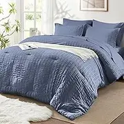 SunStyle Home King Comforter Set 7 Pieces, Grayish Blue Seersucker Bed in a Bag Lightweight Bedding Set, All Season Comforters with Flat Sheet, Fitted Sheet, Pillowcase and Pillow Sham