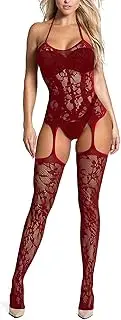 [RSLOVE] Women Fishnet Bodystocking Attached Stockings Sexy Lingerie Crotchless Bodysuit One Piece Babydoll One Size