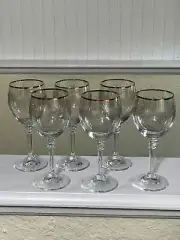 Vintage Czech Bohemian Crystal Etched Wine Glasses w/ Gold Rim. Set of 6.