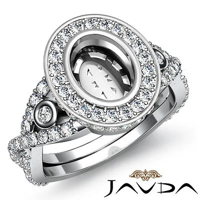 Oval Bezel Semi Mount Diamond Engagement Cross Shank Pave Ring 14k W Gold 1.65Ct