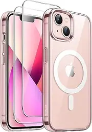 JETech 3 in 1 Magnetic Case for iPhone 13 6.1-Inch with 2 Pack Tempered Glass Screen Protectors, Compatible with MagSafe, Shockproof Bumper Phone Cover (Pink)