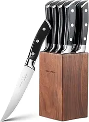 Steak Knives Set of 8 with Walnut Block, Razor-Sharp German Stainless Steel, Non-Serrated Blades for Effortless Cutting, Durable Full-Tang Design for Home Dining & Gifting