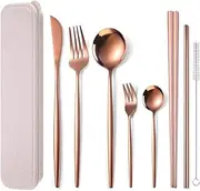 AARainbow 8 Pieces Stainless Steel Flatware Set Portable Reusable Cutlery Set Travel Utensils Set Including Chopsticks Knife Fork Spoon Straws Cleaning Brush Dishwasher Safe (C-8 Rose Gold)