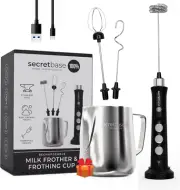 Secretbase Rechargeable Milk Frother Mixer Cordless USB, Charging Base and 12Oz