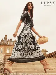 Lipsy Black/White Flutter Sleeve Polka Dot Floral Chiffon Midi Dress (AN9323) | $105