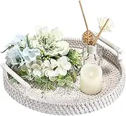 IGNPION Round Rattan Woven Serving Tray 28cm Decorative Display Tray Guest Towel Tray Storage Platters with Handle Table Desktop Organiser Tray for Coffer,Drink,Breakfast,Tea,Candle, Whitewash