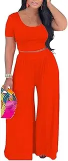 [HBQ] Women‘s Two Piece Outfits Casual Sweatsuits Backless Short Sleeve Crop Tops Wide Leg Pants Lounge Sets Tracksuit-Orange-XXL, Orange