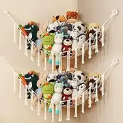 iKeelo 2 Pack Toy Hammock, Macrame Toy Storage Net for Stuffed Animals, Corner Nursery Hanging Organizer for Soft Toys and Teddy Bears