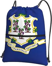 EdWal Connecticut State Flag Print Drawstring Backpack Gym Bags Sports Bags With Zipper Pocket For Travel Swimming Beach, Black, One Size