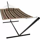 Sandy Beach Quilted Double Fabric Hammock w/ Spreader Bar, Pillow & Stand