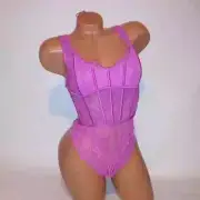 Victoria Secret Lingerie Teddy Bodysuit One Piece Pink Lace Boned Thong Back New