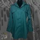 Sharagano Womens Teal Lattice Sleeve Knit to Fit Button Front Blouse Top Size M