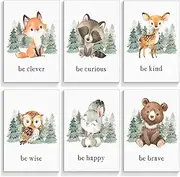 gooptyinh Woodland Nursery Animal Canvas Wall Art, 6 Piece Inspirational Forest Animals Print Posters, Motivational Quotes Cute Bear Fox Rabbit Deer Raccoon Owl Decor for Baby Bedroom 8x10in Unframed