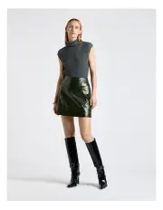 [Cue] Italian Coated Linen Topstitched Mini Skirt in Green