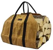 Sturdy Waxed Canvas Firewood Log Carrier, Durable Firepalce Wood Bag with Brown