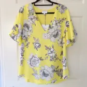 Witchery blouse size M lemon yellow floral short sleeve casual top new with tags