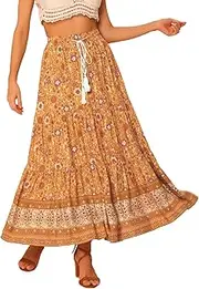 [Allegra K] Boho Skirt for Women's Casual Floral Bohemian Tassels Elastic Waist Maxi Skirts