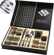 Black Silverware Set 24 Piece Flatware Set Service for 6, High Grade 18/10 Stainless Steel Cutlery Set with Knife/Fork/Spoon/Teaspoon/Premium Gift Box, Mirror Finish, Smooth Edge by MOTYYA