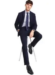 Kenneth Cole Reaction Mens Slim-Fit Stretch Plaid Suit 38 Regular Navy Pants 31W
