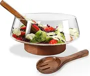 Airsent Glass Salad Bowl Set with Wood Base Servers, Extra Large Hand Blown Salad Bowls Kitchen Must Haves, Big Serving Bowl Elegance Trifle Bowl Glass, Wooden Kitchen Utensils for Party