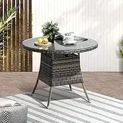 Livsip Outdoor Table with Glass Top Round Rattan Table Outdoor Furniture