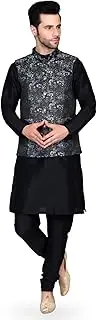 [Ethluxis] Men's Silk Blend Kurta Churidar Pyjama with Ethnic Bundi Jacket Set