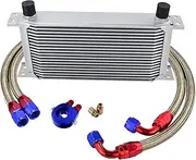 BGBLKLGPPN Universal 19 Rows Oil Cooler KIT +Oil Filter Sandwich + Stainless Steel Braided AN10 Hose with PQY Sticker+Box Oil Cooler(Silver 19ROWS 6721BR)