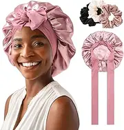 Satin Bonnet for Women - Tie Band Hair Bonnet Large 2 Layered Silk Sleeping Cap Nightcap with 3PCS Hair Scrunchies (Dust Rose)