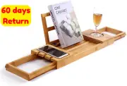 Bamboo Bathtub Tray Wooden Bath Caddy Extending Arms Organizer Holds Books