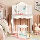 Costway Kid Vanity Table Stool Set Tri-Folding Mirror Adjustable 3-Color LED in.