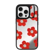 iPhone 16 Pro Mirror Ring Stand Case MagSafe Compatible Crochet Flowers - Red