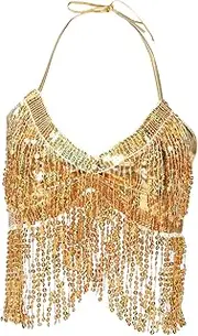 WOFASHPURET Sequin Top Skirt Costumes Outfits for Red Tinsel Apparel Dance Outfit Blue Belly Dancer Top Sparkle Tube Top Fringe Tops for Women Tassel Golden Polyester